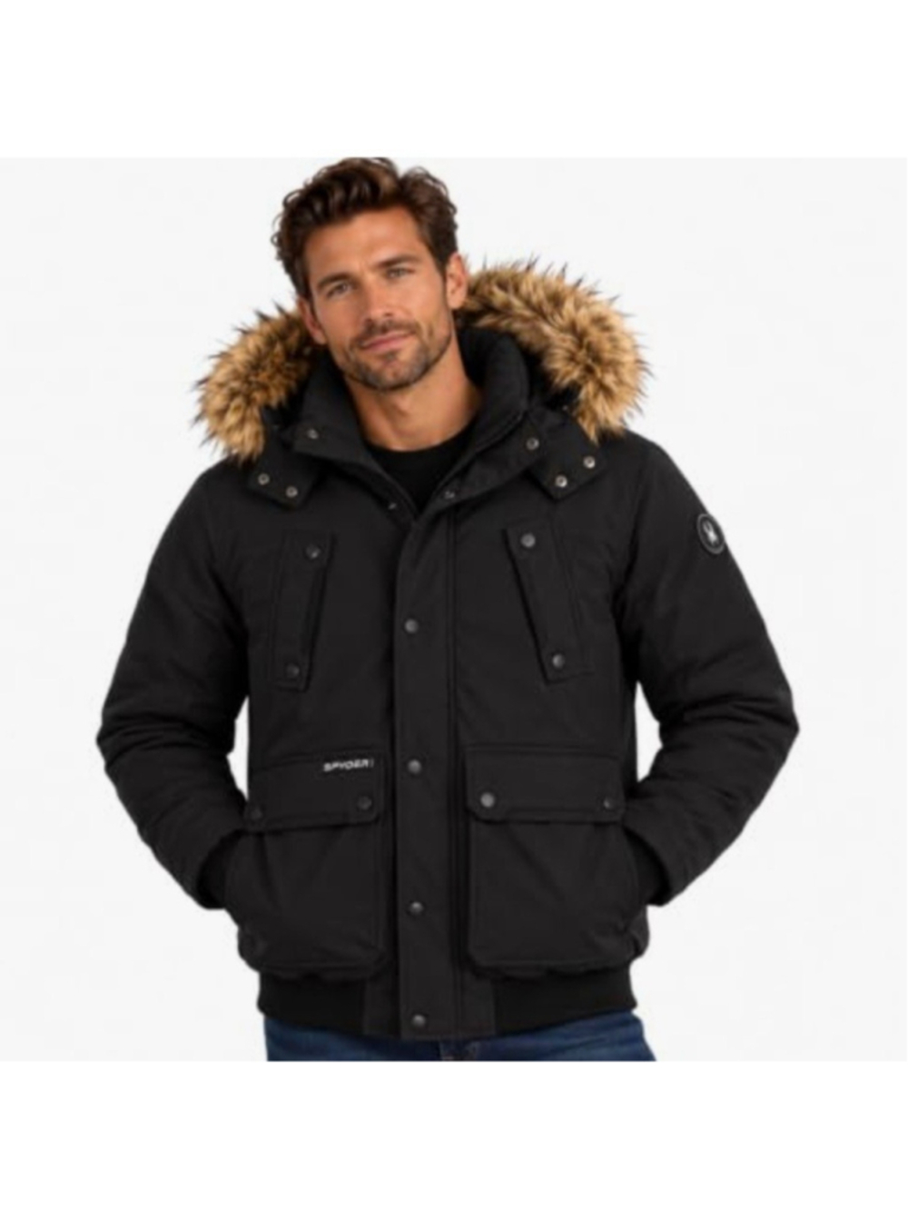 Spyder Men's Black Heavyweight Winter Parka Faux-Fur Trim Hoodie Jacket Large
